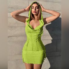 Draped Hooded Fringe Side Bodycon Dress Spring Green Mini Dress With Drawstring, Spring Hooded Stretch Dress, Hooded Stretch Dress For Spring, Stretch Hooded Dress For Spring, Stretch Hooded Spring Dress, Fitted Hooded Party Dress, White Butterfly Dress, Stretchy Bodycon Dress, Purple Bodycon Dresses