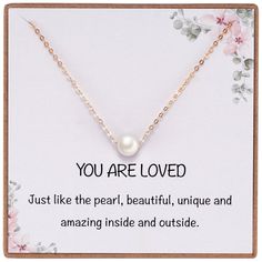 PRICES MAY VARY. *Pretty, Dainty and Simple Pearl Necklace with Sentiment Little Poem for Casual Daily Wear* Simple single pearl necklace with a message card that says "You are loved, just like the pearl, beautiful, unique and amazing inside and outside". Complimenting women and girls with a beautiful or sweet quotes for her is a fantastic way of expressing your love, affection and appreciation. *Classic Pearl Necklace Adjustable Length* 8mm white pearls bead symbolizes purity, elegance and uniq Elegant Necklace With Message Card For Anniversary, Elegant Valentine's Day Necklace With Message Card, Dainty Wedding Necklace Gift, Elegant Mother's Day Jewelry With Message Card, Sweet Quotes For Her, Affirmation Gifts, Christmas Bridesmaids, Floating Pearl Necklace, Dainty Pearl Necklace