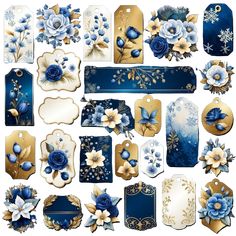 a bunch of tags with flowers and leaves on them, all in gold and blue