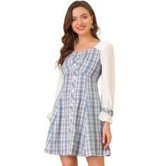 This chic plaid dress completed with sweetheart neck, contrast color, elastic cuff with sleeve tab, lending a cute twist to the favorite elegant style. Contrast color plaid dress with button decor and pleated chest front design show off your youthful and femininity style. Crisp contrasting plaid and shoulders with smocked adds a dose of classic, preppy style to this plaids dress. Couple perfectly with sandals or high heels for a sweet and cute impression. A trendy item, this mini dress, which fe Femininity Style, Dress Couple, Sweetheart Top, Button Decor, Mini Dress Blue, Party Mini Dress, School Photo, Preppy Dresses, Photo Club