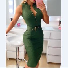 Sexy Fashion Button Sleeveless Dress on Storenvy Midi Dress Outfit, Summer Green, Dress Sleeve Styles, Midi Dress Casual, Slim Fit Dresses, Mid Dresses, Summer Outfits Women, Fall Dresses