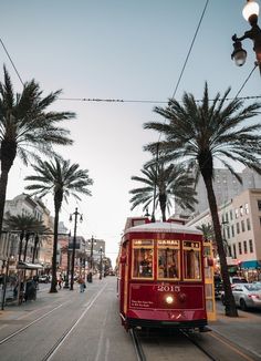 a red trolley car traveling down a street next to tall palm tree lined buildings and traffic lights