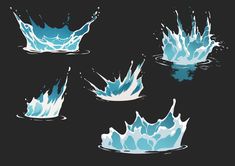 four blue water splashes in different positions on a black background, with one falling into the water