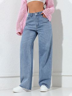 Women's Straight Loose Casual Jeans Pants With Pockets Blue Casual   Denim Plain Straight Leg Non-Stretch  Women Clothing, size features are:Bust: ,Length: ,Sleeve Length: Colorful Street Style, Straight Legged Jeans, Movie Outfits, Middle School Outfits, Summer Jeans, Pants With Pockets, Doll Costume, Bratz Doll