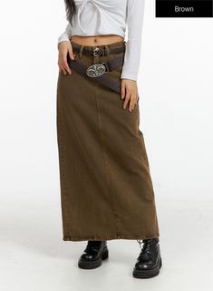 washed-denim-maxi-skirt-cf407 / Brown Denim Maxi, Woman Style, Denim Maxi Skirt, Washed Denim, Fit Style, Body Size, Denim Wash, Street Fashion, Solid Black