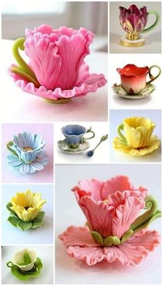 many different types of vases are shown in this collage, including pink and yellow flowers