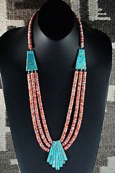 "This turquoise, spiny oyster, sterling silver necklace was made by Santo Domingo silversmith Lupe Lovato. Necklace: 29\" Length: 2 3/4\" Width: 2\" Free shipping on all orders! We ship with USPS and always include tracking. All orders ship within a day of payment. Returns are accepted up to 30 days after you receive your order. Just send us a message. Our shop offers cash back or store credit. The item must be returned in new condition." Making Jewelry For Beginners, Beautiful Baubles, Native American Necklace, Friendship Bracelets With Beads, Jewelry Board, Turquoise Jewelry Native American, American Indian Jewelry, Jewelry Cabinet, Southwest Jewelry