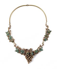 "Absolutely STUNNING vintage necklace by Richard Kaish! Circa 1991, this unique studio necklace features a handmade grapevine collar in bronze, copper, and \"antique verdigris\" enamel. The details on this piece are exquisite, from the burnished, brutalist grapes to the art nouveau-inspired leaf and vining patterns. The collar measures a wearable 18\" long and closes at the side via a custom hook and eye latch. Although these grape necklaces were a fairly common motif for Richard Kaish, this par Antique Enamel Necklace For Formal Occasions, Decorative Vintage Bronze Necklace, Vintage Metal Necklace With Patina, Vintage Decorative Bronze Necklace, Brutalist Art, Artistic Enamel Necklace For Collectors, Artistic Bronze Collectible Necklace, Libra Charm, Vintage Patina Metal Necklace