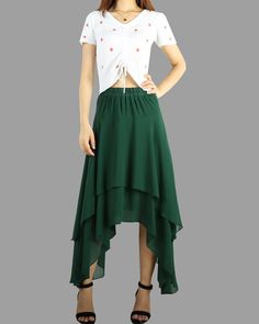 * A beautiful chiffon skirt, have 3 layers, two layers chiffon and one layer lining, not sheer at all. * Quality pearl chiffon fabric, soft, breathing and easy care. * Asymmetrical hem, it moves very beautifully when you walk. * Support 7 days return to get full refund on item without any reason. * Can custom size and colors, lead time is 6-8 days; * Let us know your usual size in your country and your overall height. * If you have some specific request or special characters such as broad should Fitted Long Skirt With Layered Hem, Fitted Maxi Skirt With Layered Hem, Layered Long Skirt For Party, Flowy Party Skirt With Ruffles, Pleated Flowy Skirt With Asymmetrical Hem, Asymmetrical Pleated Draped Skirt, Spring Flowy Skirt With Asymmetrical Hem, Flowy Tiered Gathered Skirt, Spring Flowy Skirt With Layered Hem