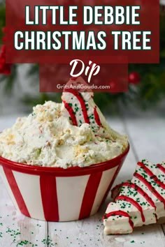 a red and white striped bowl filled with christmas tree dip