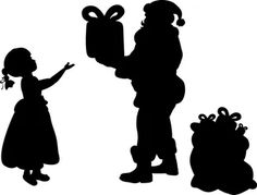 the silhouettes of children with presents are shown in black and white, as well as one