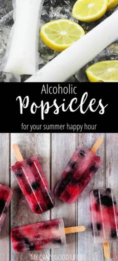 popsicles with lemons and blueberries on top are shown in this collage