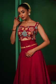 Red blouse featuring multi color floral hand work in the front with cutwork detailing. Paired with double layered lehenga. - Aza Fashions Double Layered Lehenga, Blouse With Lehenga, Layered Lehenga, Lehenga For Women, Lehenga Pattern, Hand Work Blouse, Types Of Work, Red Blouse, Hand Work