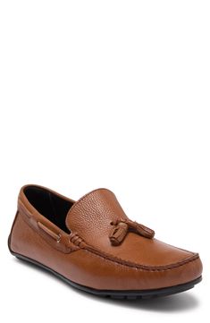 A refined, sophisticated leather loafer with a whipstitched detail is a versatile staple to go with any outfit. Moc toe Slip-on Cushioned insole Leather upper, manmade sole Imported Cognac Leather Loafers For Business Casual, Spring Formal Moccasins With Textured Sole, Cognac Leather Moccasins For Business, Elegant Brown Driving Moccasins, Elegant Brown Driving Loafers, Brown Tassel Loafers For Business In Spring, Brown Calf Leather Driving Loafers, Brown Calf Leather Loafers For Driving, Cognac Leather Loafers For Office