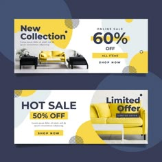 two yellow and black banners with furniture for sale on the same page, one has a couch