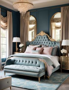 a bedroom with blue walls and gold accents