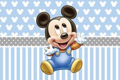 a cartoon mickey mouse sitting on top of a blue and white striped background with polka dots