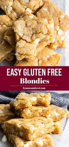 gluten free almond flour blondies stacked on top of each other with text overlay