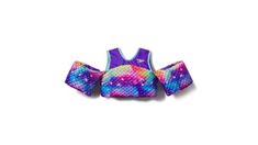 the back of a child's purple and blue tank top with colorful fish scales on it