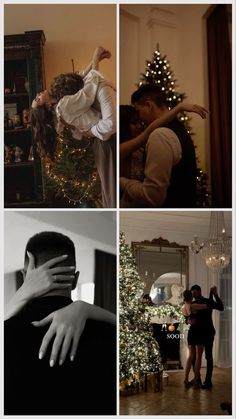 four different shots of people dancing in front of a christmas tree with lights on it