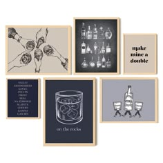 four framed pictures with different types of alcohol