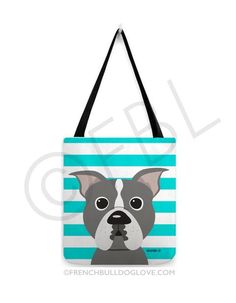 a blue and white striped bag with a dog's face on the front, it is