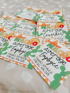 four tickets are sitting on a table with polka dots and cactus designs, one is for an adventure camper