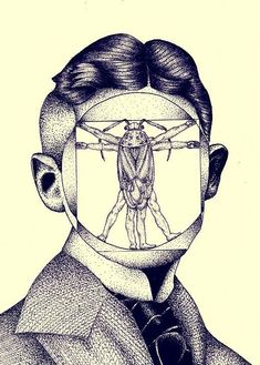 a drawing of a man's face with an image of a human body in the middle