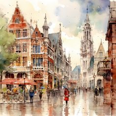 watercolor painting of people walking in the rain with umbrellas on a city street