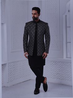 Item details: Handmade item Materials Raw Silk lakhnavi chikankari sherwani for men  Slight Variation in Color Possible due to Lighting Effect/Monitor Resolution and Photography .Exclusive Printed Designer Sherwani. Style : Ethnic Men's wear Top Details : Color Black chikankari sherwani   Fabric - lakhnavi chikankari with sequence work  Black cotton color Free Size  Pajama Included in the package.  Additional Information 1Mojris, Stoles, Turban And Other Accessories Are Not Sold Along  With The Formal Outerwear With Dabka For Diwali, Formal Dabka Outerwear For Diwali, Traditional Festive Winter Suit, Traditional Winter Festive Suits, Semi-formal Long Sleeve Suits With Zari Work, Semi-formal Long Sleeve Sets For Diwali, Traditional Unstitched Suit For Winter Festive Season, Semi-formal Unstitched Suit For Diwali, Elegant Groom's Nehru Jacket With Dabka Work