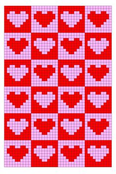 a cross stitch pattern with hearts in red and pink colors on a white square background