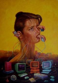 a painting of a woman surrounded by electronic devices