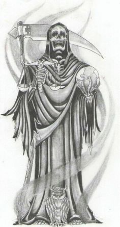 a drawing of a grim skeleton holding a sculler and a skull on his arm