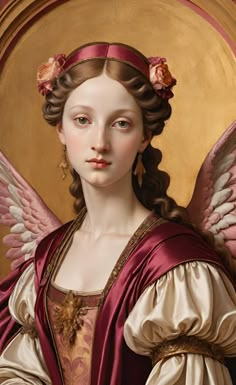 a painting of an angel with flowers in her hair