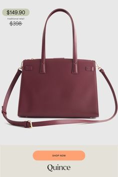 Keys, phone, wallet— this elegant triple compartment satchel is an organizer's dream bag. Made of premium pebbled Italian leather, this bag features a center zip compartment, and a detachable crossbody strap. Trust us when we say this will be your new favorite bag.  | Quince | Women's Italian Leather Large Triple Compartment Satchel in Merlot Elegant Burgundy Satchel For Business, Saffiano Leather Satchel With Removable Pouch For Work, Business Burgundy Satchel With Detachable Handle, Business Burgundy Satchel With Detachable Strap, Burgundy Business Satchel With Detachable Handle, Burgundy Business Satchel With Detachable Strap, Versatile Business Satchel With Gold-tone Hardware, Burgundy Satchel With Gold-tone Hardware For Everyday Use, Daily Use Burgundy Satchel With Gold-tone Hardware