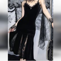 Black Lace And Velvet Slip Dress. Size L. Bust 74-94 Cm, Waist 66-78 Cm, Hips 80-98 Cm, Length 103 Cm. 93.1% Polyester, 6.9% Spandex. Dress Is Not Lined. Straps Are Adjustable. Brand New, Never Worn. Bought On Line. Too Costly To Mail Back To Store. This Is A Gorgeous Dress And Very Flattering. Goth Goddess, Trad Goth, Velvet Dress Long, Velvet Flares, Fishtail Skirt, Fishtail Dress, Woman Dress, Lace Patchwork, Alt Fashion