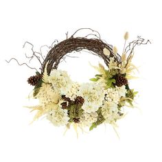 a wreath with white flowers and pine cones on the front is displayed against a white background