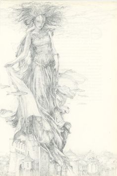 a pencil drawing of a woman standing on top of a building with her hair blowing in the wind