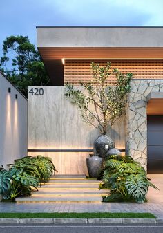 a modern house with large planters on the front steps