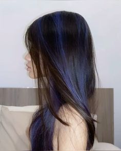 Navy Blue Hair On Brown Hair, Hair Dye With Black Hair, Brown Hair Dark Blue Highlights, Dark Blue Hair With Money Piece, Light Blue Hair Highlights Brunettes, Dark Blue Hair With Highlights, Blue Hair With Raccoon Tail, Highlights Brown Hair Blue, Brown Hair With Dark Blue Highlights