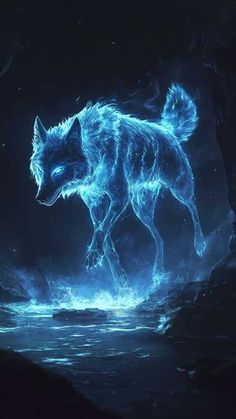 a wolf is walking through the water at night