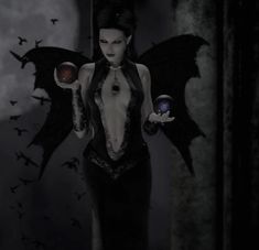 a woman dressed in black holding a crystal ball with bats flying around her and looking at the camera