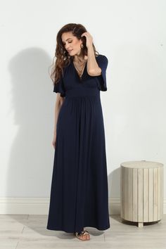 Product Details: **More stock coming soon** Empire waist maxi dress with deep-v neckline Flutter sleeve details Fit: true to size Colors: navy blue Signature stretch ITY fabric 96% polyester, 4% spandex Lined at chest area Machine wash cold, tumble dry low. Follow care label, instructions may vary by fabric. Made in USA DL-1041 Don’t see your size? Reach out to us for additional assistance! Call us at (323) 526-0977 during our office hours 8:00AM – 4:30PM PST Monday-Friday. Model height: 5 foot Empire Waist Maxi, Empire Waist Maxi Dress, Sleeve Maxi Dress, Maxi Dress With Sleeves, Care Label, Sleeve Detail, Deep V, Monday Friday, Empire Waist