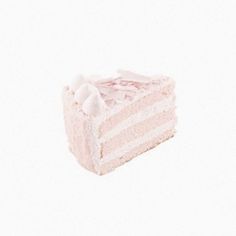 a piece of cake with white frosting and pink icing on the top slice