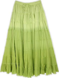 Green Flowy Cotton Skirt, Green Tiered Maxi Skirt For Spring, Green Cotton Bottoms With Gathered Skirt, Green Cotton Casual Maxi Skirt, Casual Green Tiered Skirt, Green Tiered Maxi Skirt For Summer, Casual Green Tiered Bottoms, Green Tiered Beach Skirt, Green Cotton Maxi Skirt For Summer