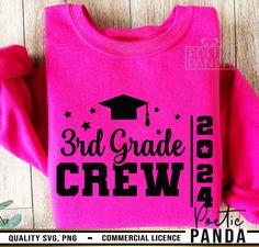 a pink shirt with the words 3rd grade crew on it and a black graduation cap