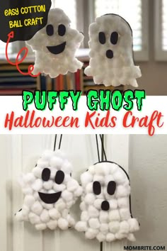 two puffy ghost halloween kids craft made out of cotton balls