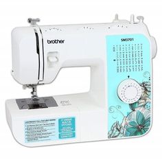 the brother sewing machine is white with blue and green designs on it's side