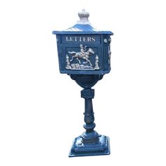 a blue mailbox with a horse and rider on it