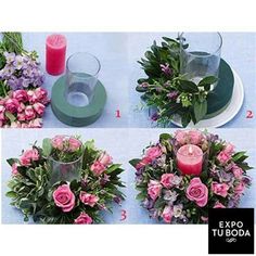 four different pictures of flowers and candles on a table